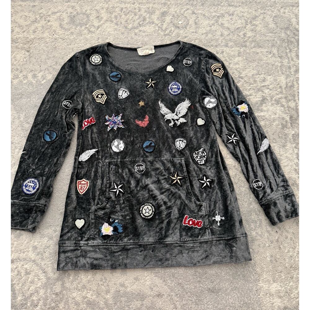 Nicole Miller Gray Velour Oversized Sweatshirt Embroidered Patches Grunge S